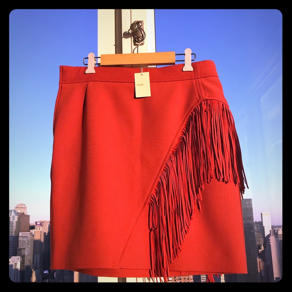 Maje orange-red fringe-trimmed short skirt size 40